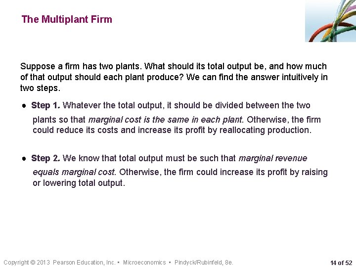 The Multiplant Firm Suppose a firm has two plants. What should its total output