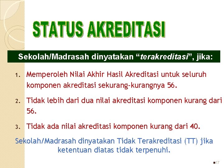 Sekolah/Madrasah dinyatakan “terakreditasi”, jika: 1. Memperoleh Nilai Akhir Hasil Akreditasi untuk seluruh komponen akreditasi