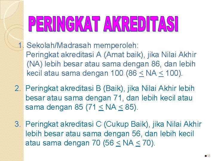 1. Sekolah/Madrasah memperoleh: Peringkat akreditasi A (Amat baik), jika Nilai Akhir (NA) lebih besar