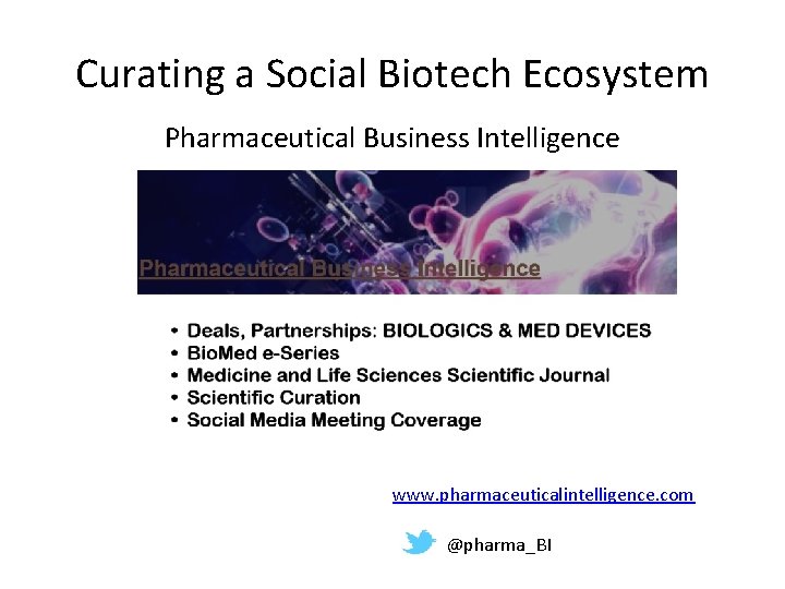 Curating a Social Biotech Ecosystem Pharmaceutical Business Intelligence www. pharmaceuticalintelligence. com @pharma_BI 