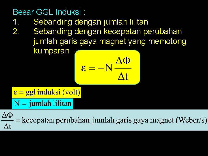 Besar GGL Induksi : 1. Sebanding dengan jumlah lilitan 2. Sebanding dengan kecepatan perubahan