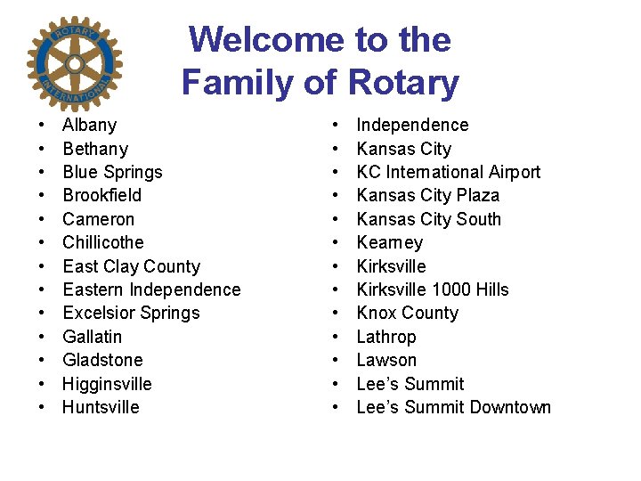 Welcome to the Family of Rotary • • • • Albany Bethany Blue Springs