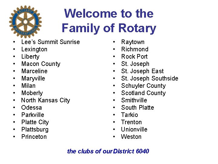 Welcome to the Family of Rotary • • • • Lee’s Summit Sunrise Lexington