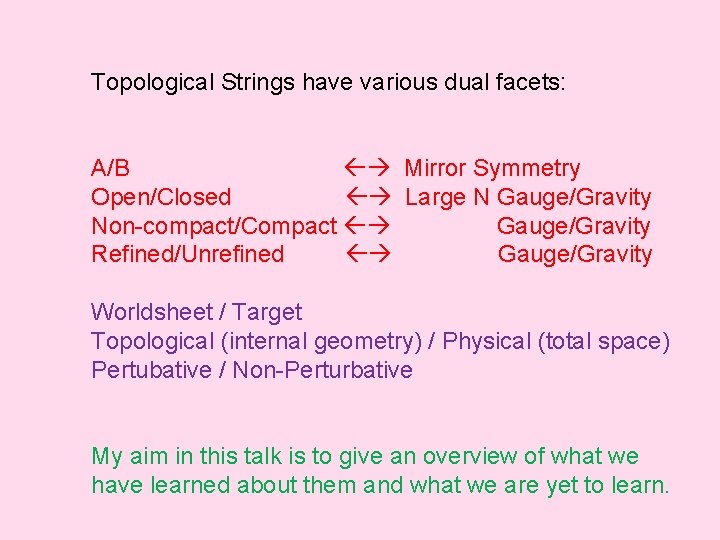 Topological Strings have various dual facets: A/B Mirror Symmetry Open/Closed Large N Gauge/Gravity Non-compact/Compact