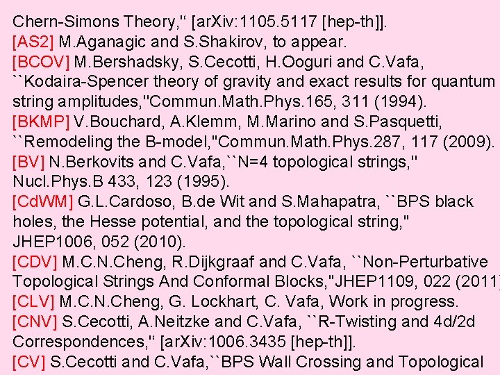 Chern-Simons Theory, '‘ [ar. Xiv: 1105. 5117 [hep-th]]. [AS 2] M. Aganagic and S.