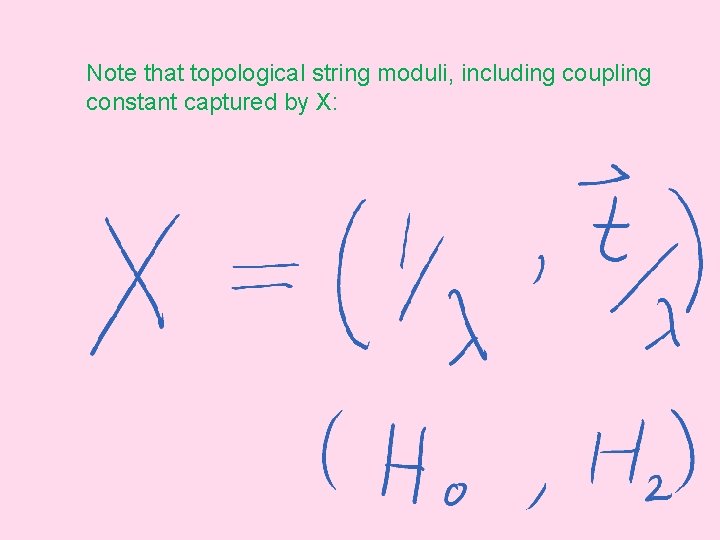 Note that topological string moduli, including coupling constant captured by X: 