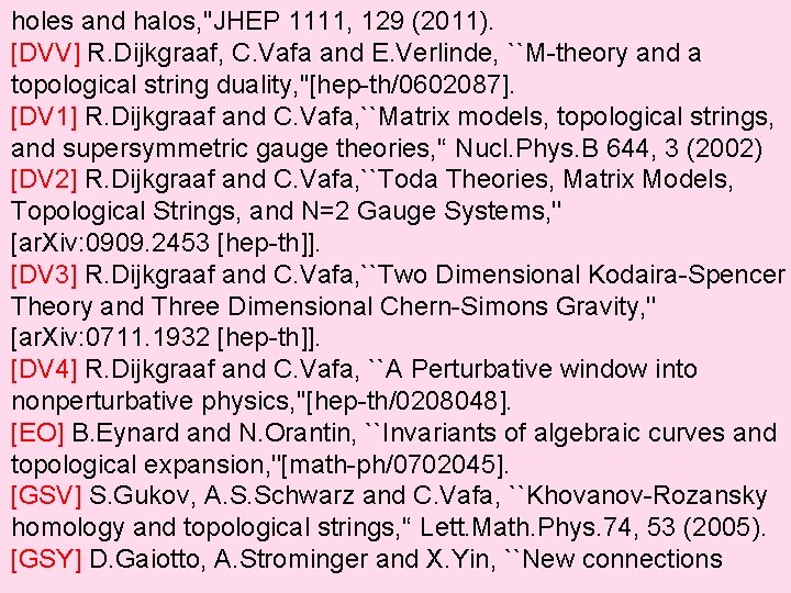 holes and halos, ''JHEP 1111, 129 (2011). [DVV] R. Dijkgraaf, C. Vafa and E.