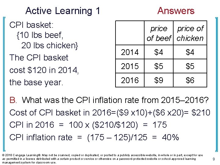 Active Learning 1 CPI basket: {10 lbs beef, 20 lbs chicken} The CPI basket