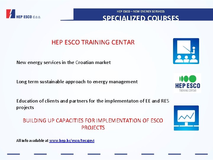 HEP ESCO – NEW ENERGY SERVICES SPECIALIZED COURSES HEP ESCO TRAINING CENTAR New energy