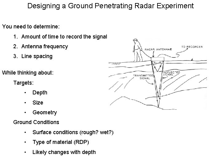 Designing a Ground Penetrating Radar Experiment You need to determine: 1. Amount of time