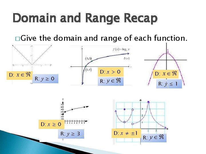 Domain and Range Recap � Give D: the domain and range of each function.