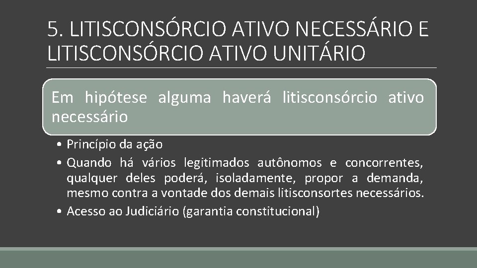 5. LITISCONSÓRCIO ATIVO NECESSÁRIO E LITISCONSÓRCIO ATIVO UNITÁRIO Em hipótese alguma haverá litisconsórcio ativo