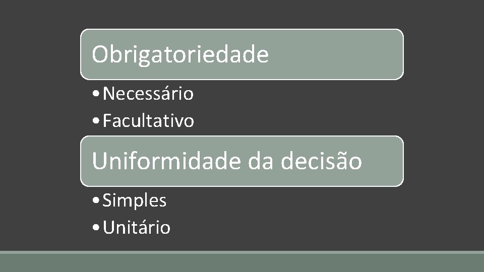 Obrigatoriedade • Necessário • Facultativo Uniformidade da decisão • Simples • Unitário 