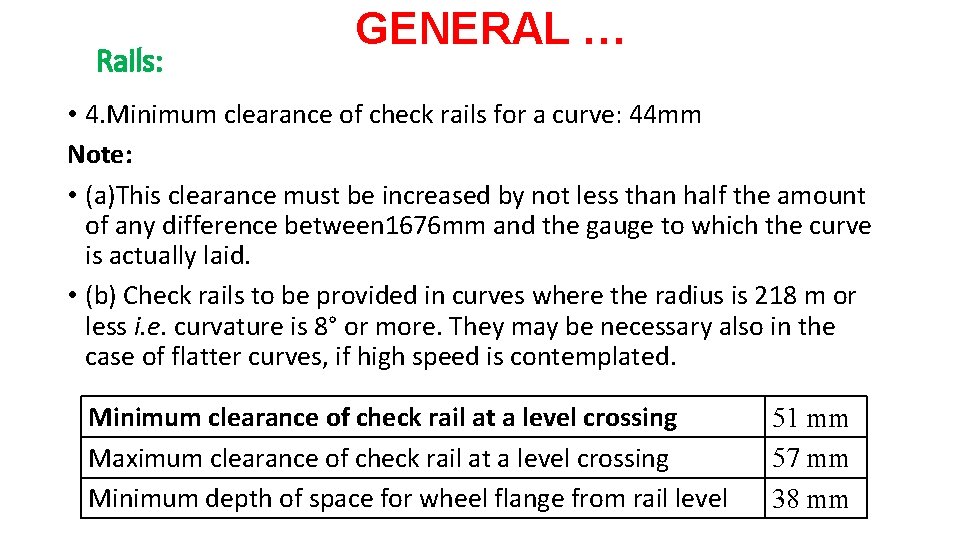 Rails: GENERAL … • 4. Minimum clearance of check rails for a curve: 44