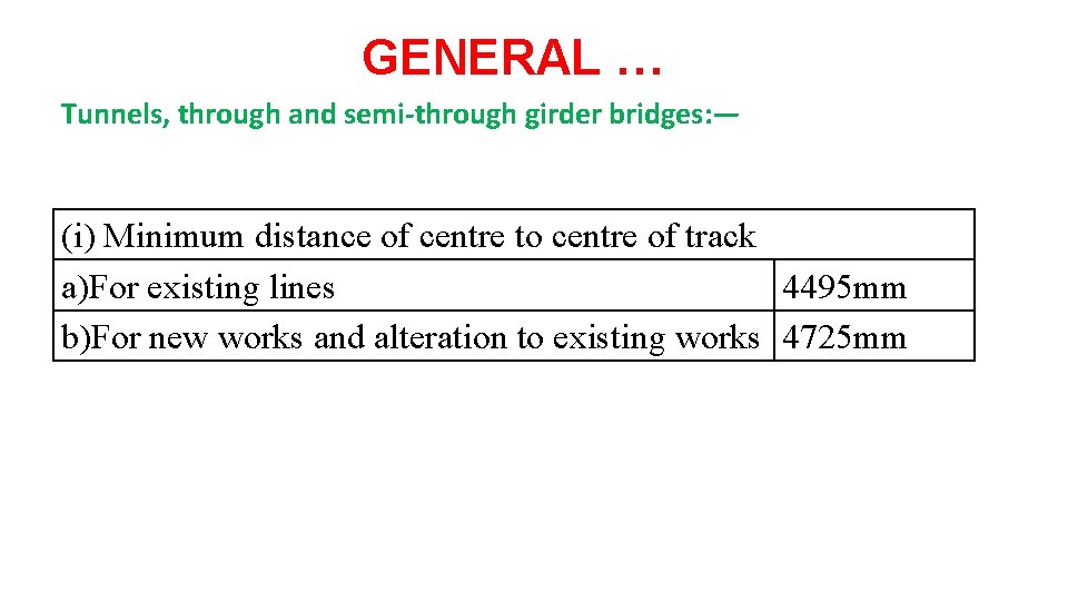 GENERAL … Tunnels, through and semi-through girder bridges: — (i) Minimum distance of centre