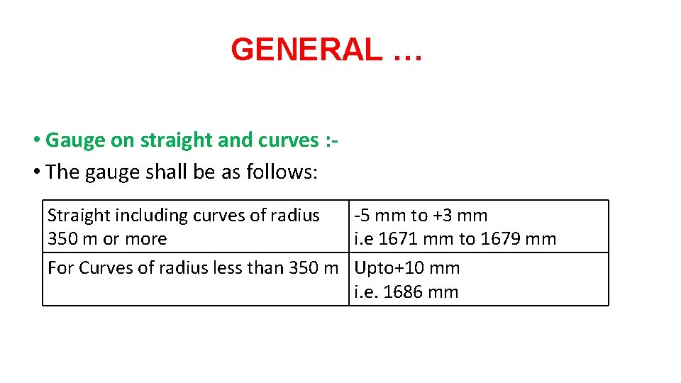 GENERAL … • Gauge on straight and curves : • The gauge shall be