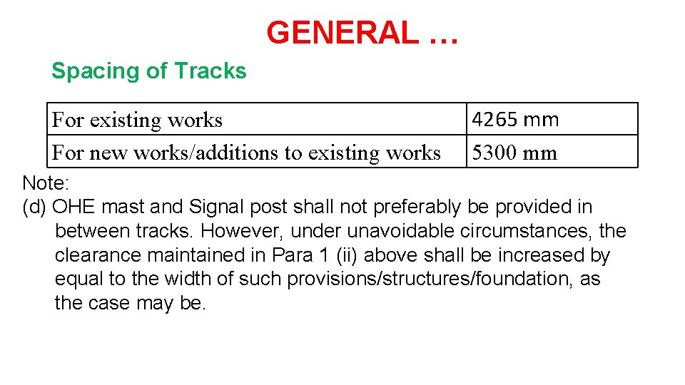 GENERAL … Spacing of Tracks For existing works For new works/additions to existing works