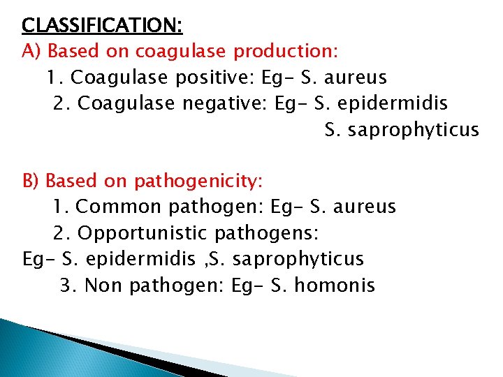 CLASSIFICATION: A) Based on coagulase production: 1. Coagulase positive: Eg- S. aureus 2. Coagulase