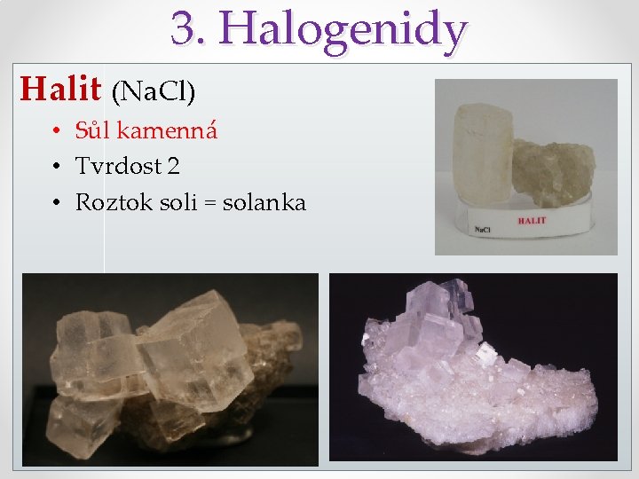 3. Halogenidy Halit (Na. Cl) • Sůl kamenná • Tvrdost 2 • Roztok soli