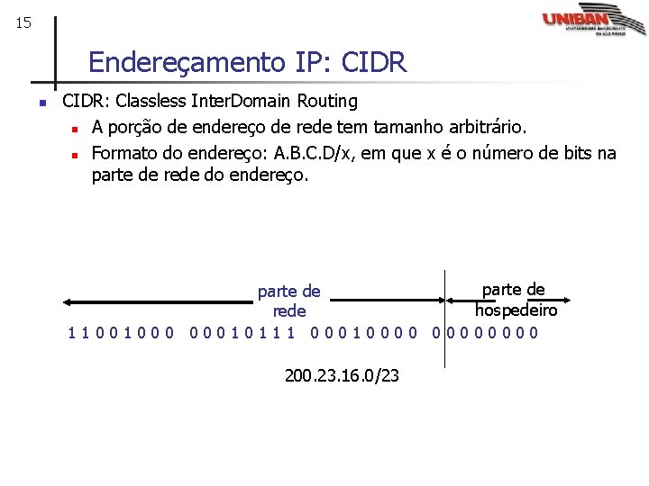 15 Endereçamento IP: CIDR n CIDR: Classless Inter. Domain Routing n A porção de