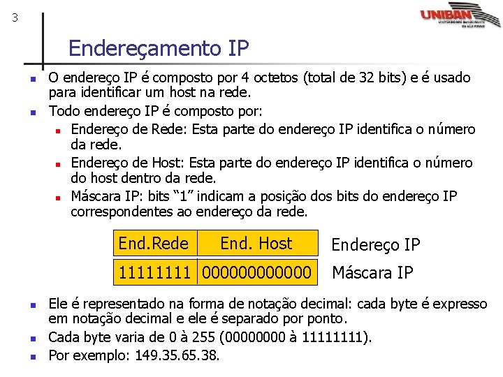 3 Endereçamento IP n n O endereço IP é composto por 4 octetos (total