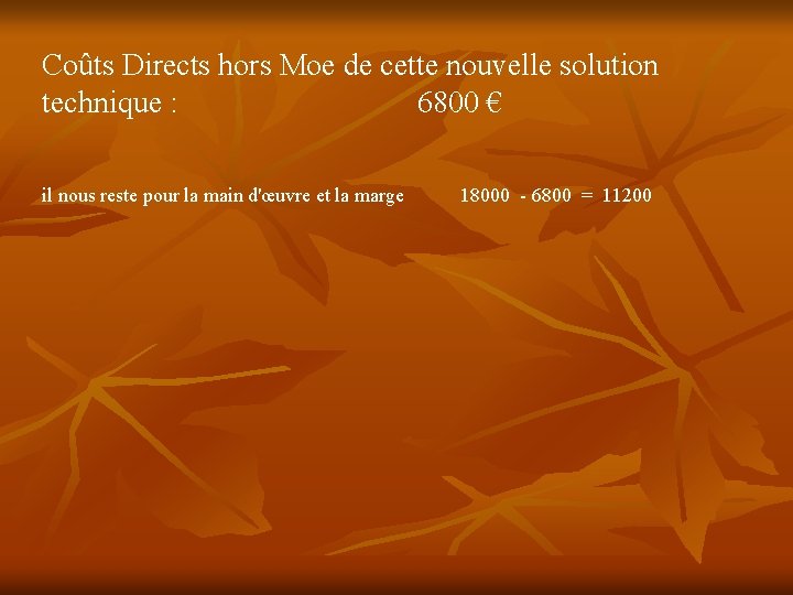 Coûts Directs hors Moe de cette nouvelle solution technique : 6800 € il nous