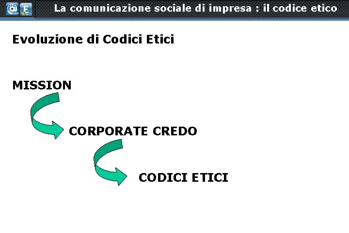 La comunicazione sociale di impresa : il codice etico Evoluzione di Codici Etici MISSION