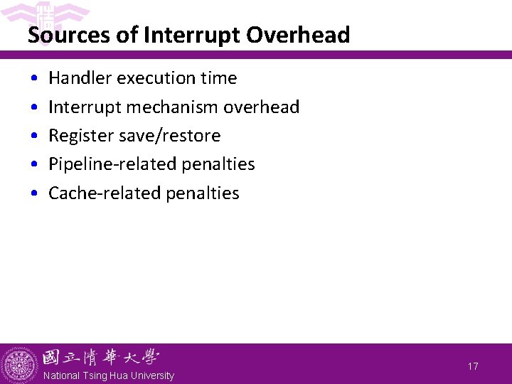 Sources of Interrupt Overhead • • • Handler execution time Interrupt mechanism overhead Register