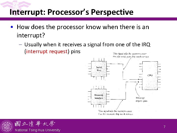 Interrupt: Processor’s Perspective • How does the processor know when there is an interrupt?