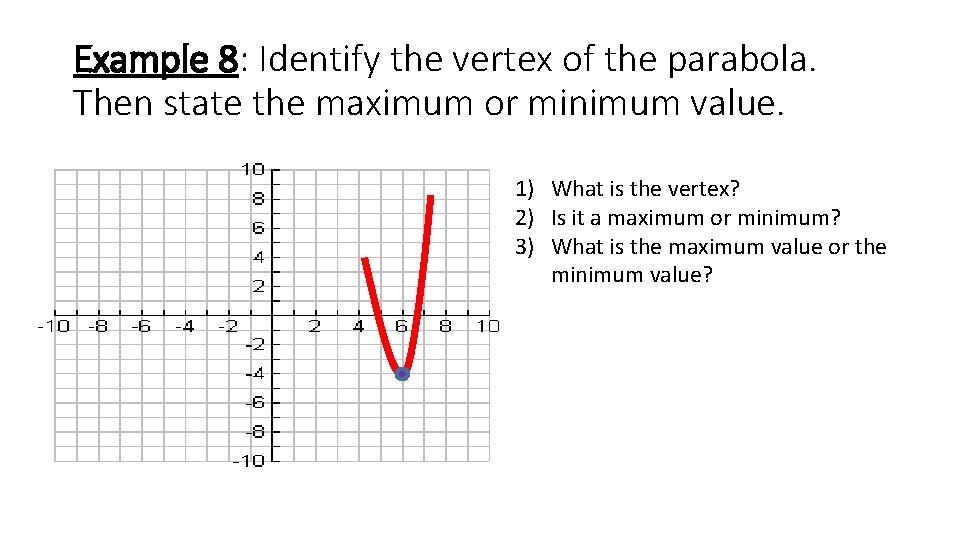 Example 8: Identify the vertex of the parabola. Then state the maximum or minimum