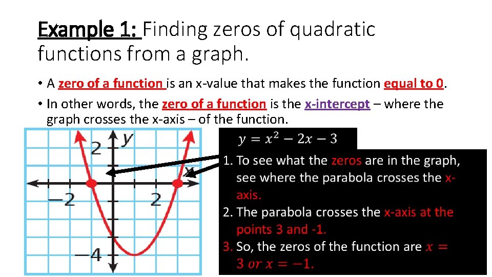 Example 1: Finding zeros of quadratic functions from a graph. • A zero of