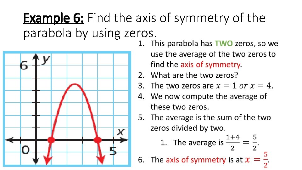 Example 6: Find the axis of symmetry of the parabola by using zeros. 