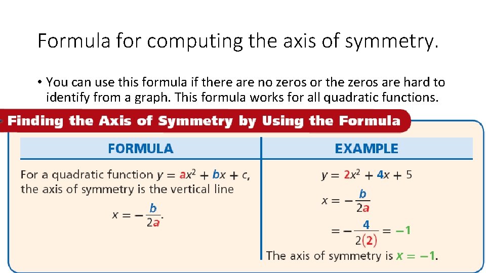 Formula for computing the axis of symmetry. • You can use this formula if