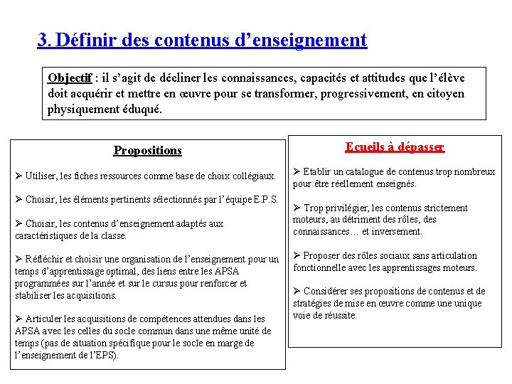 3. Définir des contenus d’enseignement Objectif : il s’agit de décliner les connaissances, capacités