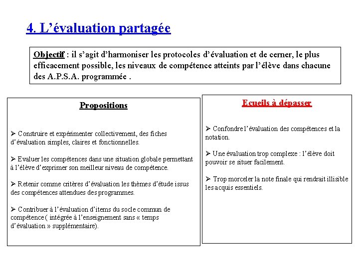 4. L’évaluation partagée Objectif : il s’agit d’harmoniser les protocoles d’évaluation et de cerner,