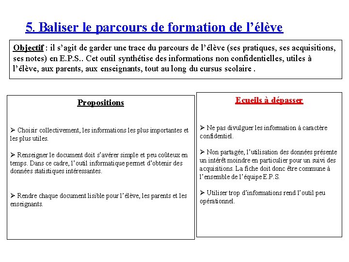 5. Baliser le parcours de formation de l’élève Objectif : il s’agit de garder