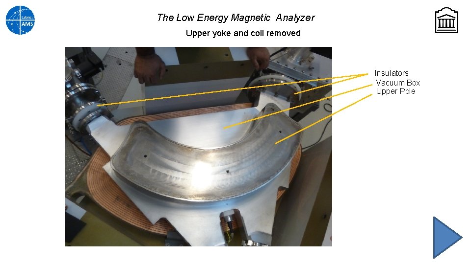 The Low Energy Magnetic Analyzer Upper yoke and coil removed Insulators Vacuum Box Upper