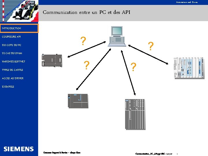 Automation and Drives Communication entre un PC et des API INTRODUCTION COUPLEURS API DU