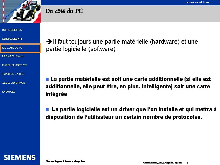 Automation and Drives Du côté du PC INTRODUCTION COUPLEURS API DU COTE DU PC