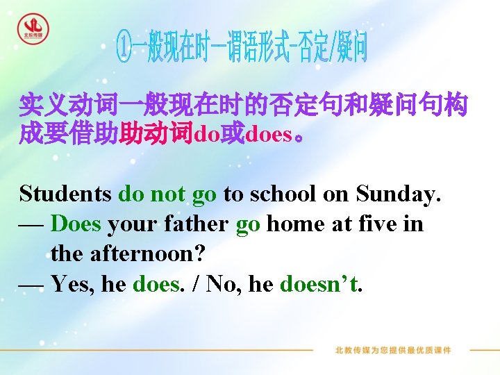 实义动词一般现在时的否定句和疑问句构 成要借助助动词do或does。 Students do not go to school on Sunday. — Does your father