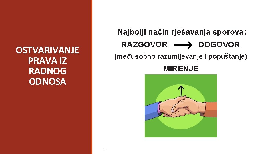 Najbolji način rješavanja sporova: RAZGOVOR OSTVARIVANJE PRAVA IZ RADNOG ODNOSA DOGOVOR (međusobno razumijevanje i