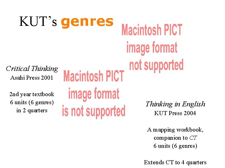 KUT’s genres Critical Thinking Asahi Press 2001 2 nd year textbook 6 units (6