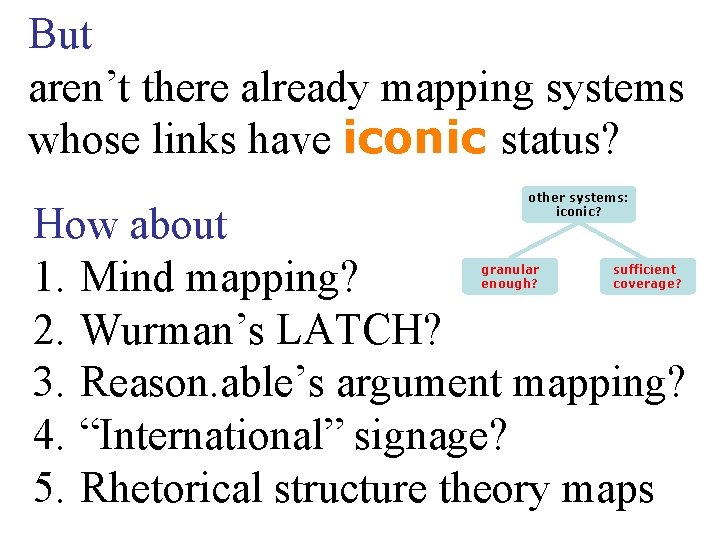 But aren’t there already mapping systems whose links have iconic status? other systems: iconic?