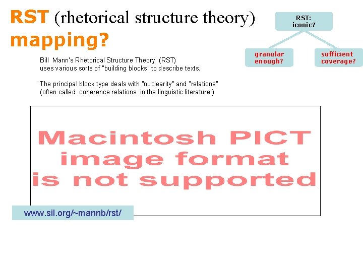 RST (rhetorical structure theory) mapping? Bill Mann’s Rhetorical Structure Theory (RST) uses various sorts