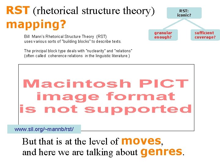 RST (rhetorical structure theory) mapping? Bill Mann’s Rhetorical Structure Theory (RST) uses various sorts