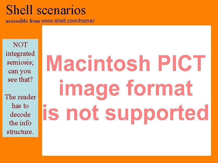 Shell scenarios accessible from www. shell. com/home/ NOT integrated semiosis; can you see that?