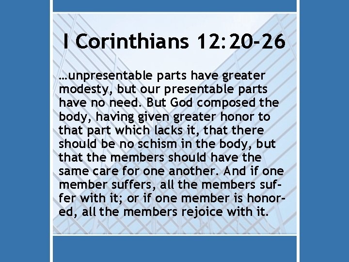 I Corinthians 12: 20 -26 …unpresentable parts have greater modesty, but our presentable parts