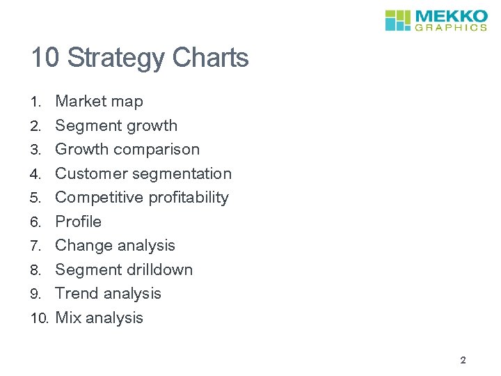 10 Strategy Charts 1. Market map 2. Segment growth 3. Growth comparison 4. Customer