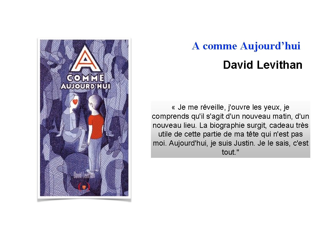 A comme Aujourd’hui David Levithan « Je me réveille, j'ouvre les yeux, je comprends