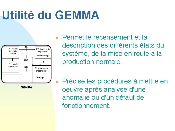 Utilité du GEMMA n n Permet le recensement et la description des différents états